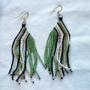 Beaded Fringe Dangle Earrings | Green Black White Gold | Boho Statement